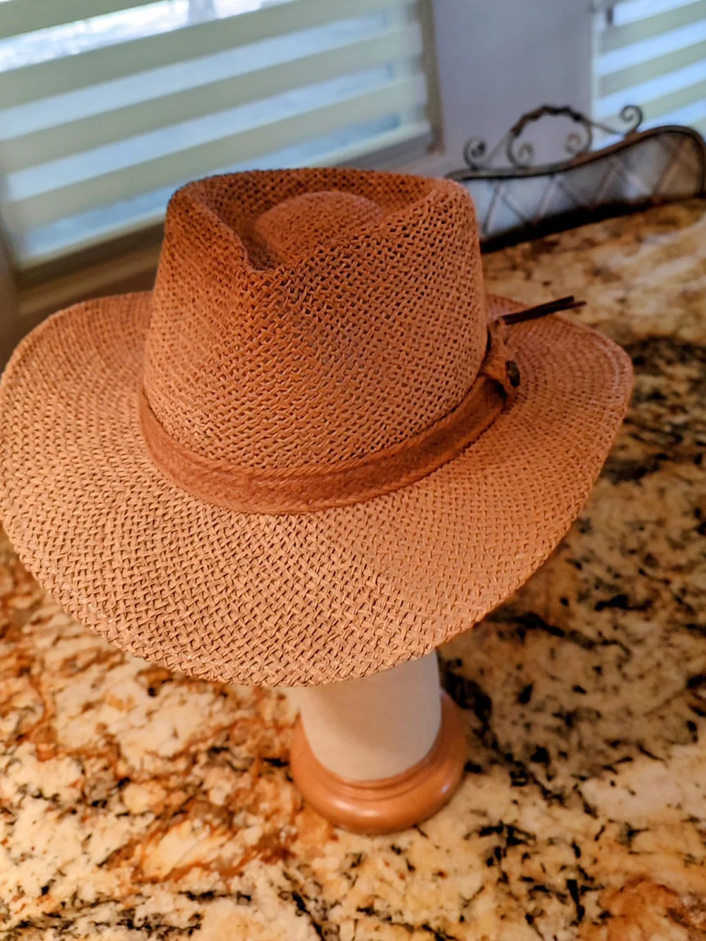 Men's Woven Straw Fedora Hat in Tan with Leather Trim